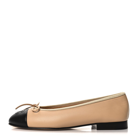 Lambskin Cap Toe CC Ballerina Flats 36 Beige Black | FASHIONPHILE (US)