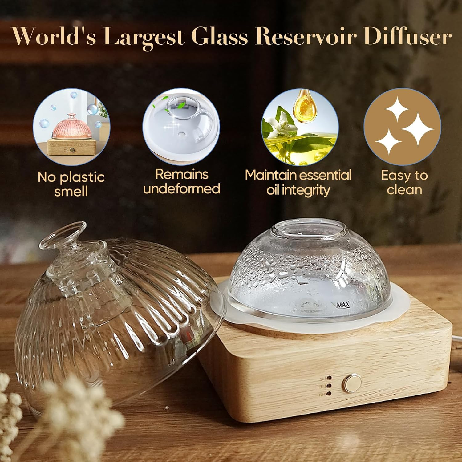 Glass Dome Essential Oil Diffuser with Glass Reservoir & Wood Base-No Plastic, 200ml Ultrasonic G... | Amazon (US)
