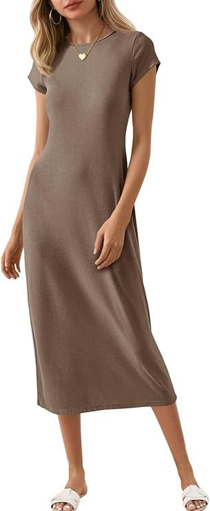 Wenrine Women's Short Sleeve T-Shirt Dress Summer Crew Neck Basic Solid Casual Long Midi Dresses ... | Amazon (US)
