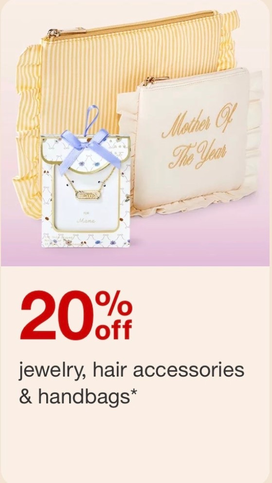 20% off jewelry, hair accessories and purses at @Target 🎯 ￼

#LTKMothersDay #LTKootd #LTKSaleAlert