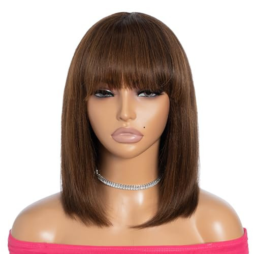 Rebecca Fashion Highlight Brown Bob Wig with Bangs Human Hair 12 Inch Light Yaki Straight Short Bob Human Hair Wigs for Black Women Wear and Go Glueless Wig for Daily Wear | Amazon (US)