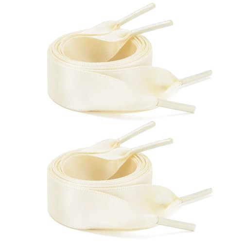 ZOOEASS 2 Pairs 47.24" Satin Ribbon Shoelaces 0.78" Wide Solid Flat Silk Shoe Laces for Sneakers Boots Women(2P-Beige) | Amazon (US)