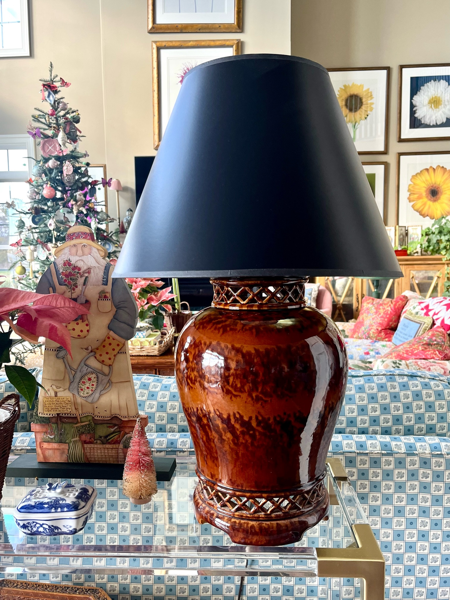 A few questions about this vintage brown glazed ginger jar lamp and shade. Found an exact match for the lamp and some similar options. Also linking some black shades. Mine has a gold liner but up to you!

#LTKhome #LTKSeasonal #LTKstyletip