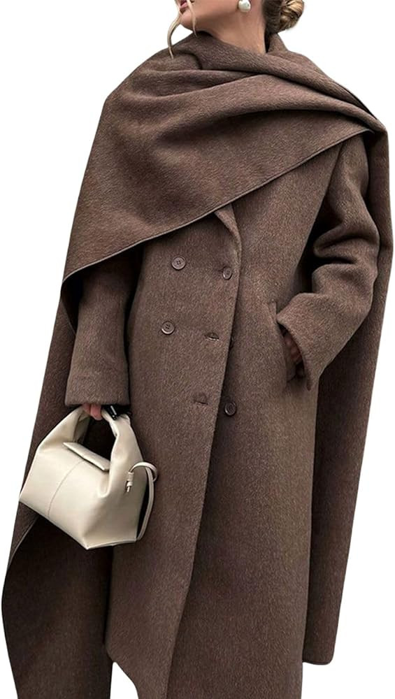 utcoco Womens Maxi Wool Coats Long Shawl Scarf Button Down Woolen Blend Trench Coat with Pockets | Amazon (US)