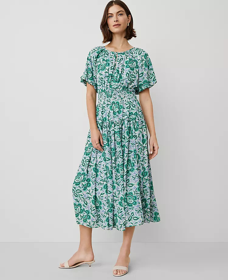 Floral Split Neck Midi Dress | Ann Taylor