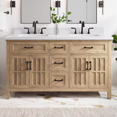 allen + roth Cantrell 60-in Oak Undermount Double Sink Bathroom Vanity with White Engineered Ston... | Lowe's