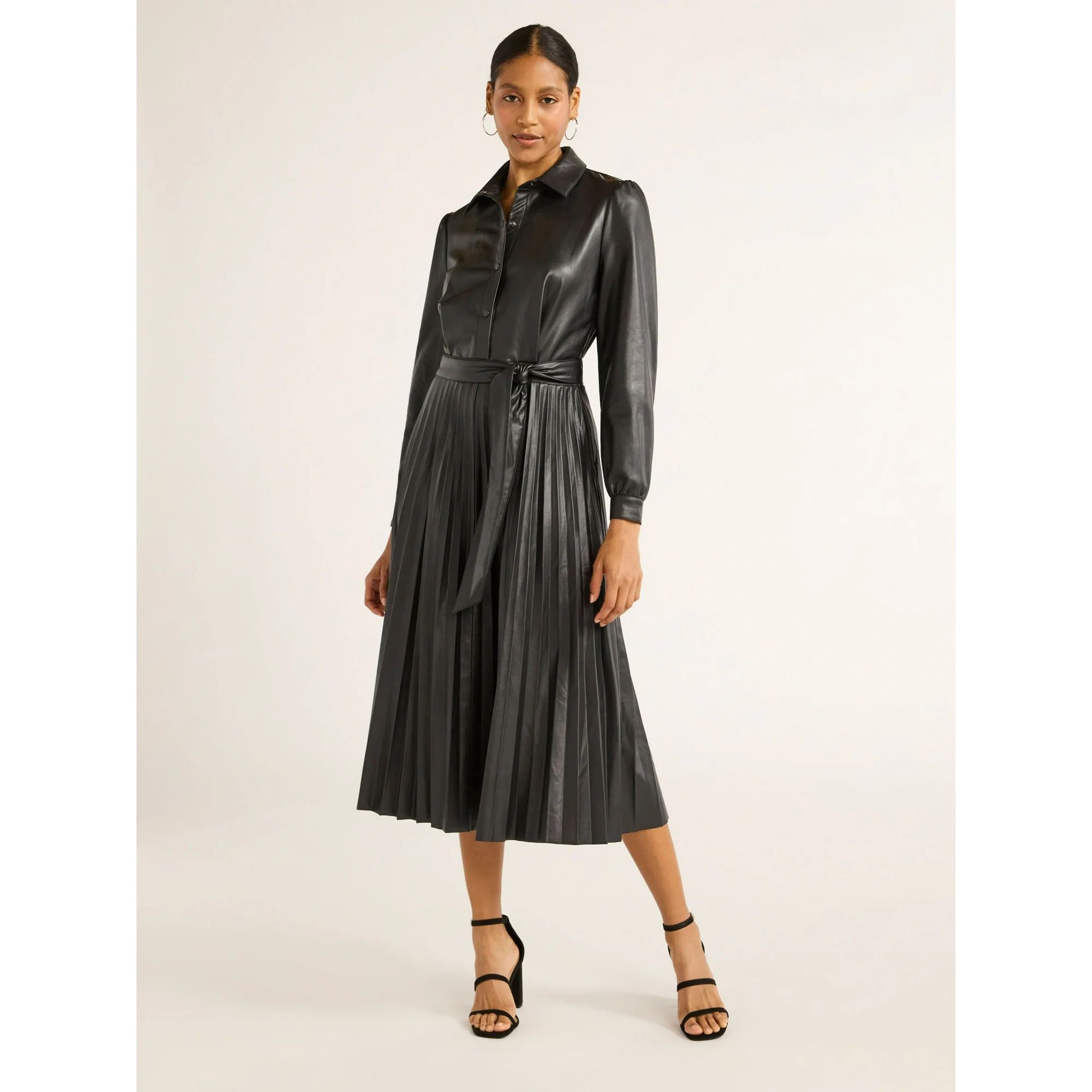 Scoop Women's Faux Leather Pleated Shirtdress with Self Tie Belt, Sizes XS-XXL - Walmart.com | Walmart (US)