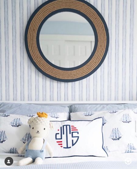 Blue and white stripe wallpaper, nautical sheets similar look linked, seersucker sheets. Serena and lily Acadia wallpaper

#LTKhome