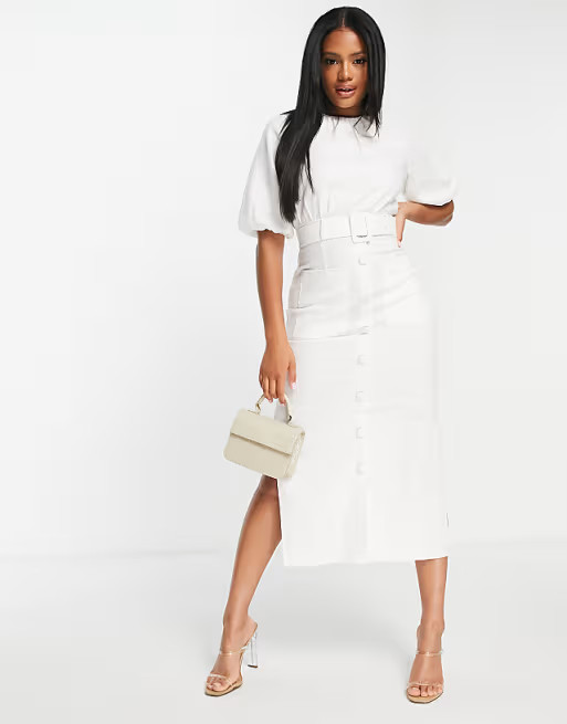 ASOS DESIGN linen puff sleeve button through belted midi dress in white | ASOS (Global)