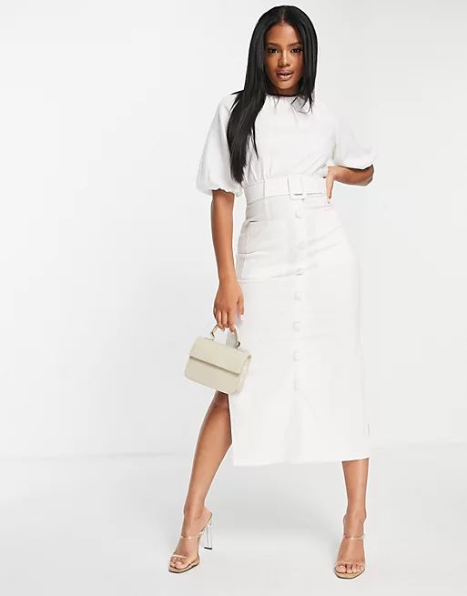 ASOS DESIGN linen puff sleeve button through belted midi dress in white | ASOS (Global)