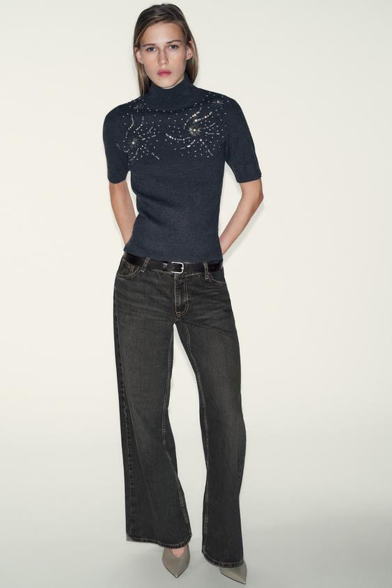SHORT SLEEVE BEADED KNIT JUMPER | Zara US