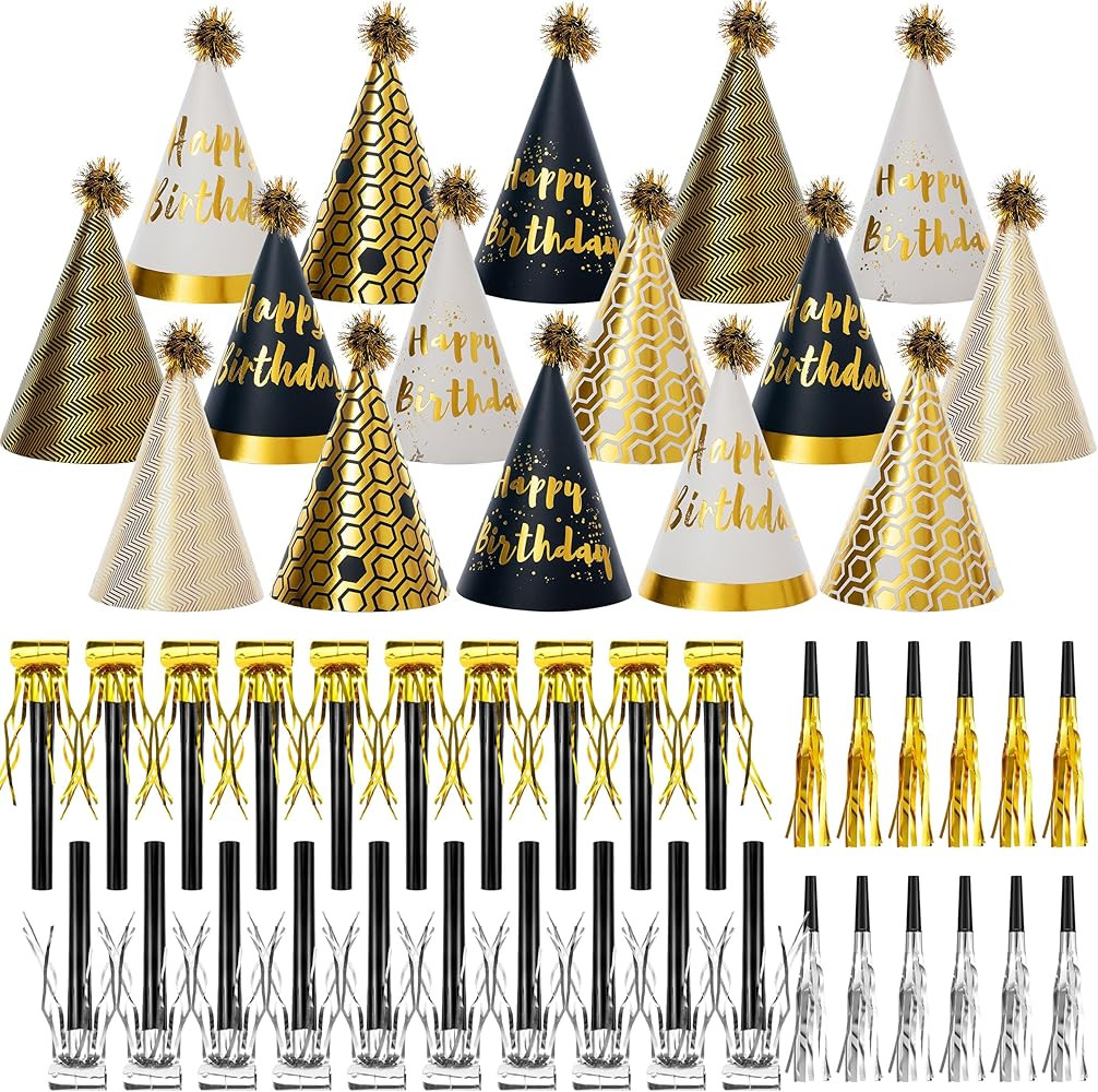 48 Pcs Gold Birthday Party Hats Gold Cone Hats Includes 16 Birthday Paper Hats and 32 Noise Maker... | Amazon (US)