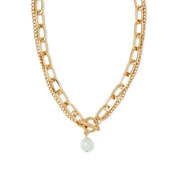 Scoop Women’s 14K Gold Flash-Plated Double Chain Link Faux Pearl Toggle Necklace, 18” + 2” ... | Walmart (US)