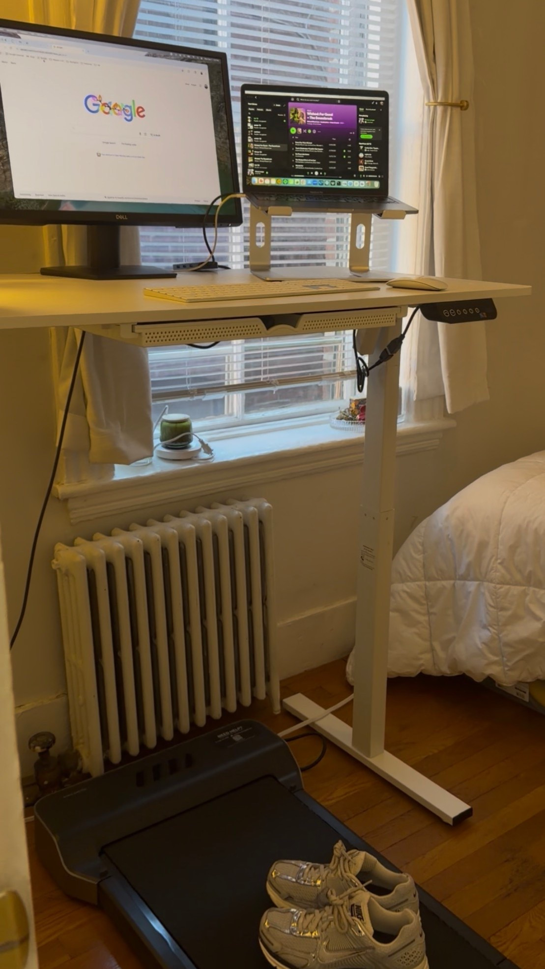 Work from home set-up, including standing desk and walking pad