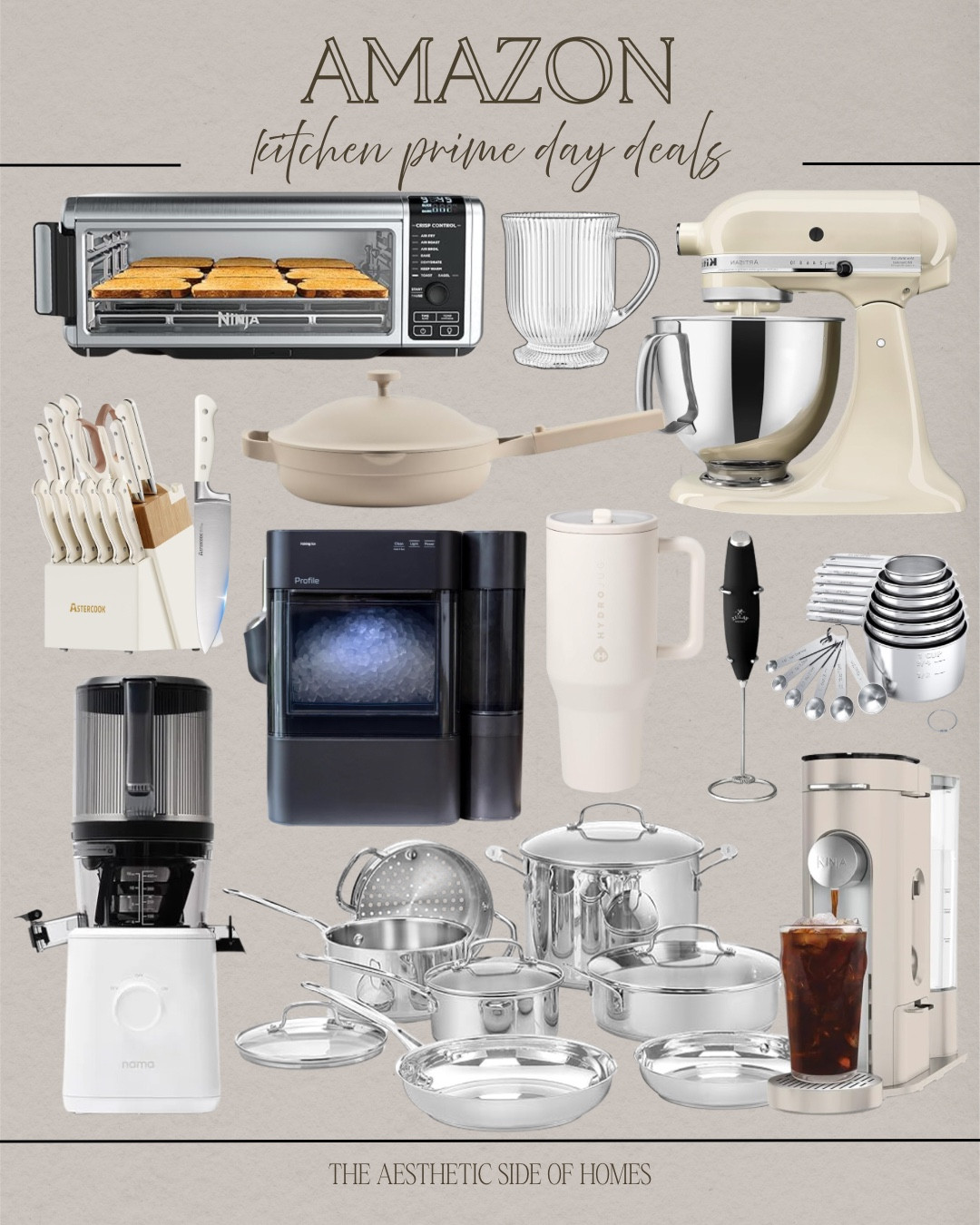 Kitchen prime day deals include mixer, glass coffee mug, measuring cups, tumbler, frother, coffee maker, stainless steel cookware, ice maker, always pan, knife set, and toaster oven.

Home deals, deal alert, sale alert, kitchen finds,

#LTKHome #LTKSaleAlert