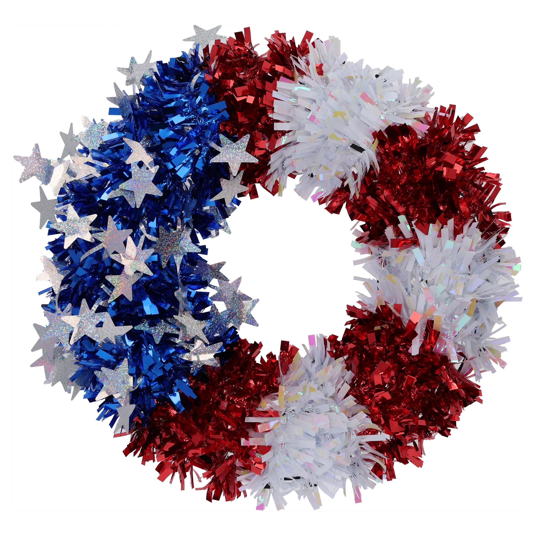 Stars and Stripes Tinsel Wreath, Red/White/Blue, 16", Patriotic by Way To Celebrate | Walmart (US)