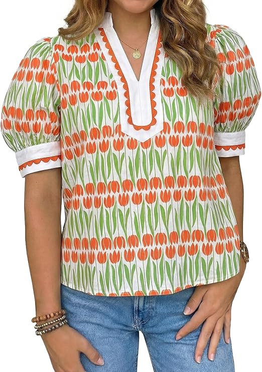 Tankaneo Womens Puff Sleeve Floral Blouse Tops Summer Dressy Casual V Neck Shirts Color Block Loo... | Amazon (US)