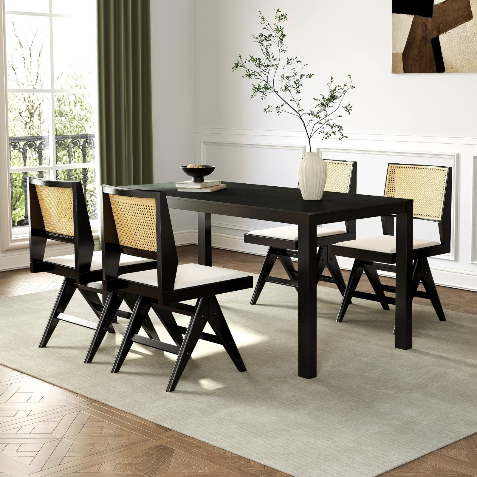 CIMOTA Black Rattan Dining Chairs Set of 4,Mid Century Modern Upholstered Dining Room & Kitchen C... | Amazon (US)