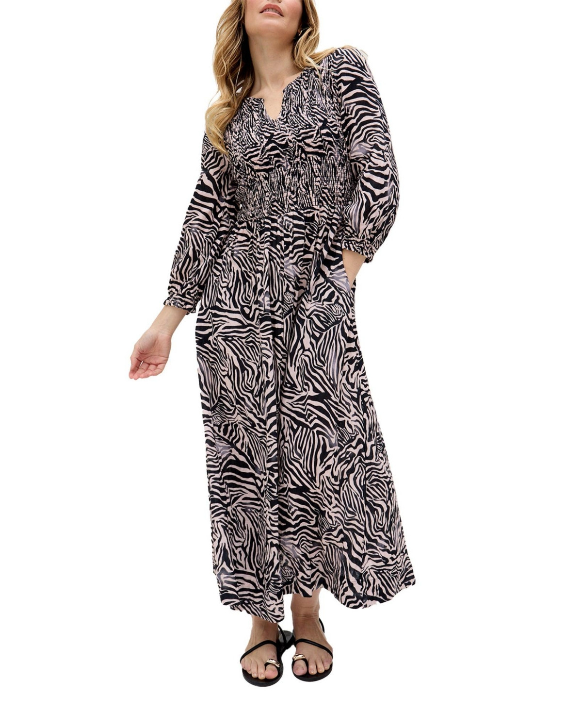 Raffya Women's Paulina Shirred Bodice Zebra Print Maxi Dress - Black | Macy's