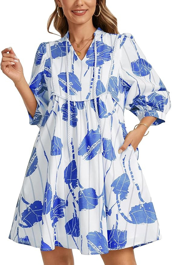 Women Floral Babydoll Mini Dress V Neck 3/4 Puff Sleeves A Line Flowy Swing Summer Sun Dresses | Amazon (US)