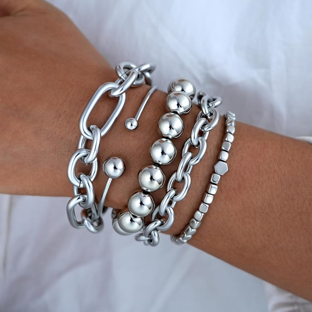 5Pcs Chunky Silver Stack Bracelet for Women, Beaded Adjustable Link Chain Bracelets Cuff Layered ... | Amazon (US)