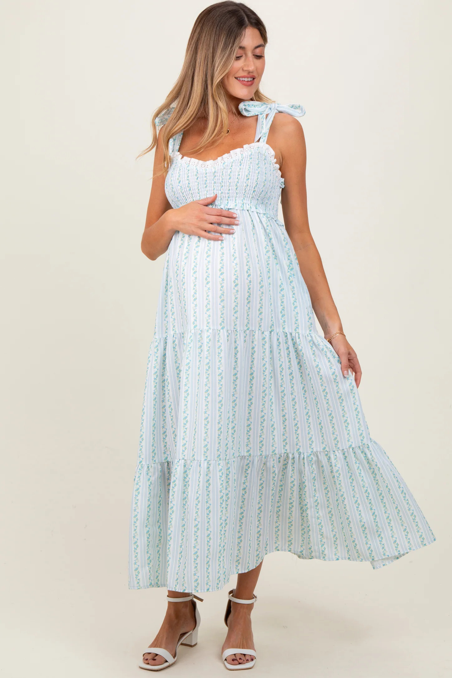 Blue Floral Striped Smocked Shoulder Tie Maternity Maxi Dress | PinkBlush Maternity