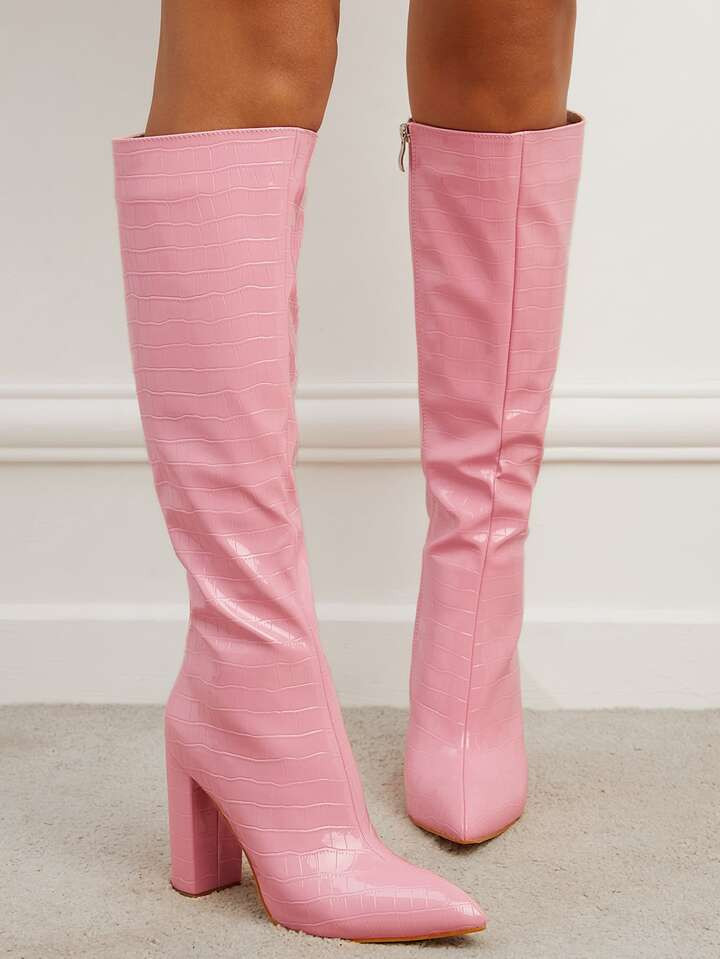 Minimalist Croc Embossed Side Zipper Classic Boots, Fashionable Pink Women's Boots | SHEIN