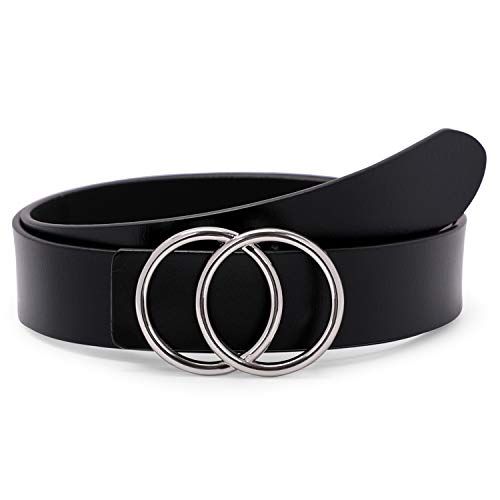 Women's Leather Ring Belt for Jean, Double Circle Buckle Belts Fit Waist 26-42 Inch | Amazon (US)