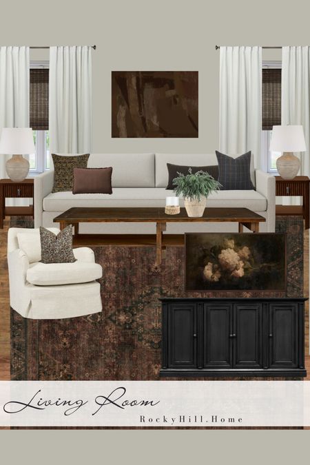 Modern traditional living room mood board, moody textiles, pottery barn coffee table, moody rug, extra large art, traditional chair 

#LTKstyletip #LTKhome