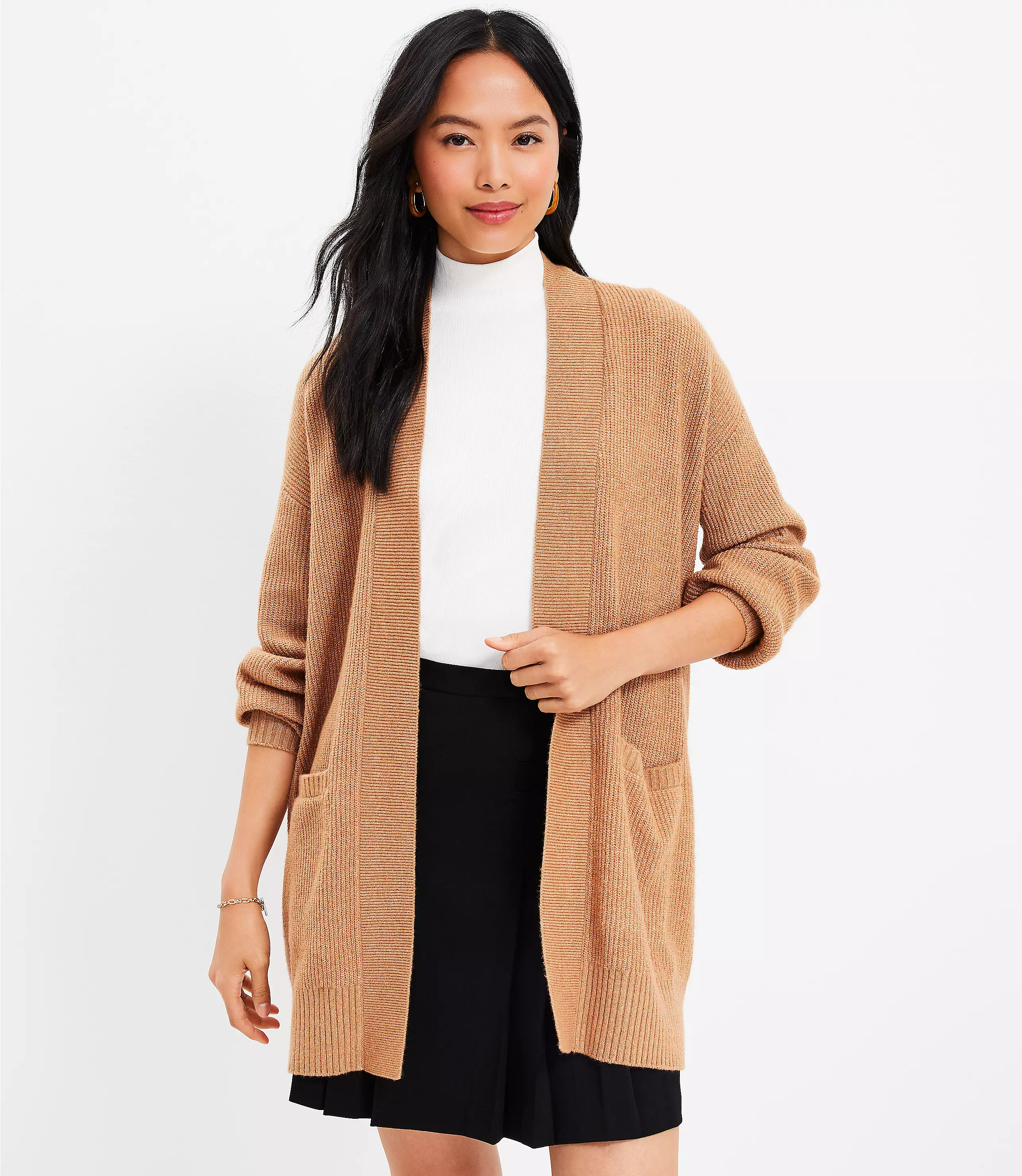 Petite Ribbed Pocket Open Cardigan | LOFT