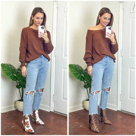 This  mocha brown sweater is a fall basic must have. Goes with so much and can easily be dressed up or down. Can be worn on or off shoulder. Wearing an xs/s. Distressed mom jeans are a long time fav. Wearing a 25. Cow print shoes are tts. Leopard booties are old so trying to find a more affordable option that’s still cute! This is also a perfect casual thanksgiving day look! 

#LTKSeasonal #LTKHoliday #LTKunder100