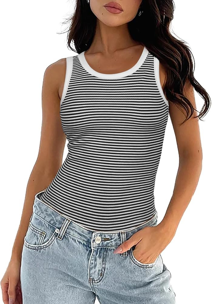 Darong Women's Summer Sleeveless Tank Top Striped Form Fitting Crew Neck Ribbed Knit Basic Cami S... | Amazon (US)