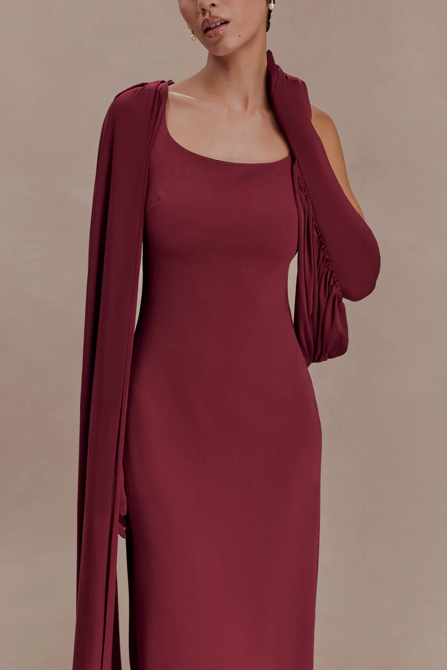 Rhea Detachable Cape Jersey Maxi Dress - Wine | Meshki UK