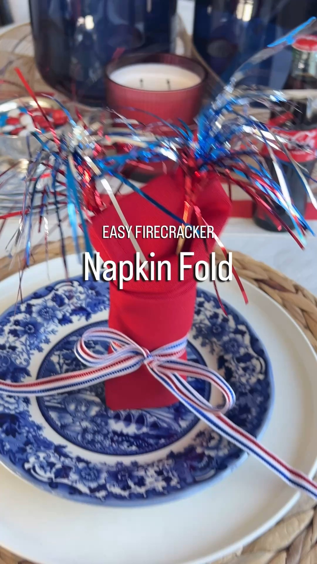Americana decor, patriotic napkin fold, red napkin, patriotic ribbon, blue transferware plate, blue and white dishes, woven charger, rattan charger, white dinner plate, summer entertaining, holiday hosting, festive table setting, red white and blue decor, patriotic centerpiece, Fourth of July entertaining, hostess ideas, table styling, place setting inspiration, summer tablescape, casual entertaining, holiday gathering, Americana tablescape, patriotic party decor, Independence Day table, home decor inspiration, entertaining at home, seasonal decorating, Modern Hostess style 🇺🇸

#LTKfoodie #LTKSeasonal #LTKHome