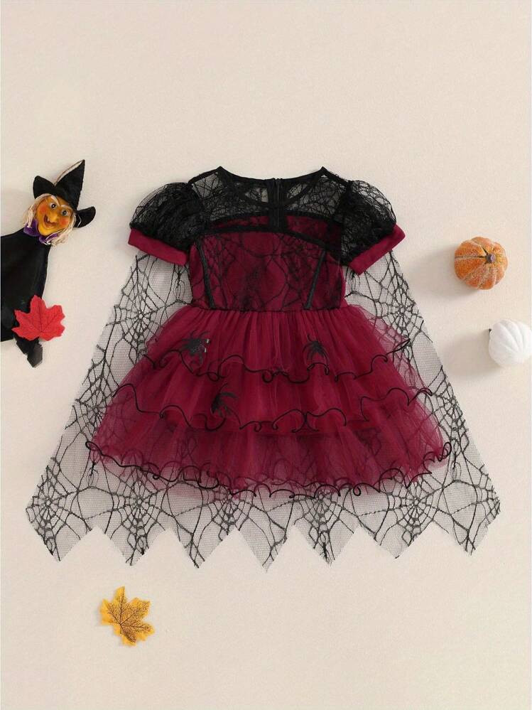 Toddler Baby Girl Halloween Costume Spider Tulle Dress Ball Gown Party Dress With Lace Cloak Vamp... | SHEIN