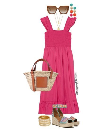 Plus Size Summer Dresses 1 - An easy casual summer outfit with a hot pink dress, statement earrings, and a straw tote. Alexa Webb #plussize

#LTKstyletip #LTKplussize #LTKover40