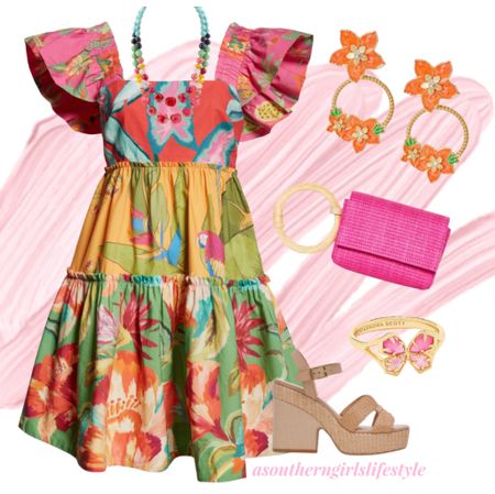 Whimsical Colorful Dressy Fun - perfect for every event this season! 

Vibrant Mix Foliage Pattern Dress with Ruffle Sleeves, Floral Statement Earrings, Two Row Stone Statement Necklace, Pink Straw Bracelet Pouch, Pink Butterfly Ring & Raffia Platform Heel Sandals

Graduation Dress. Spring Outfit. Summer Outfit. Party  

#LTKShoeCrush #LTKStyleTip #LTKSeasonal