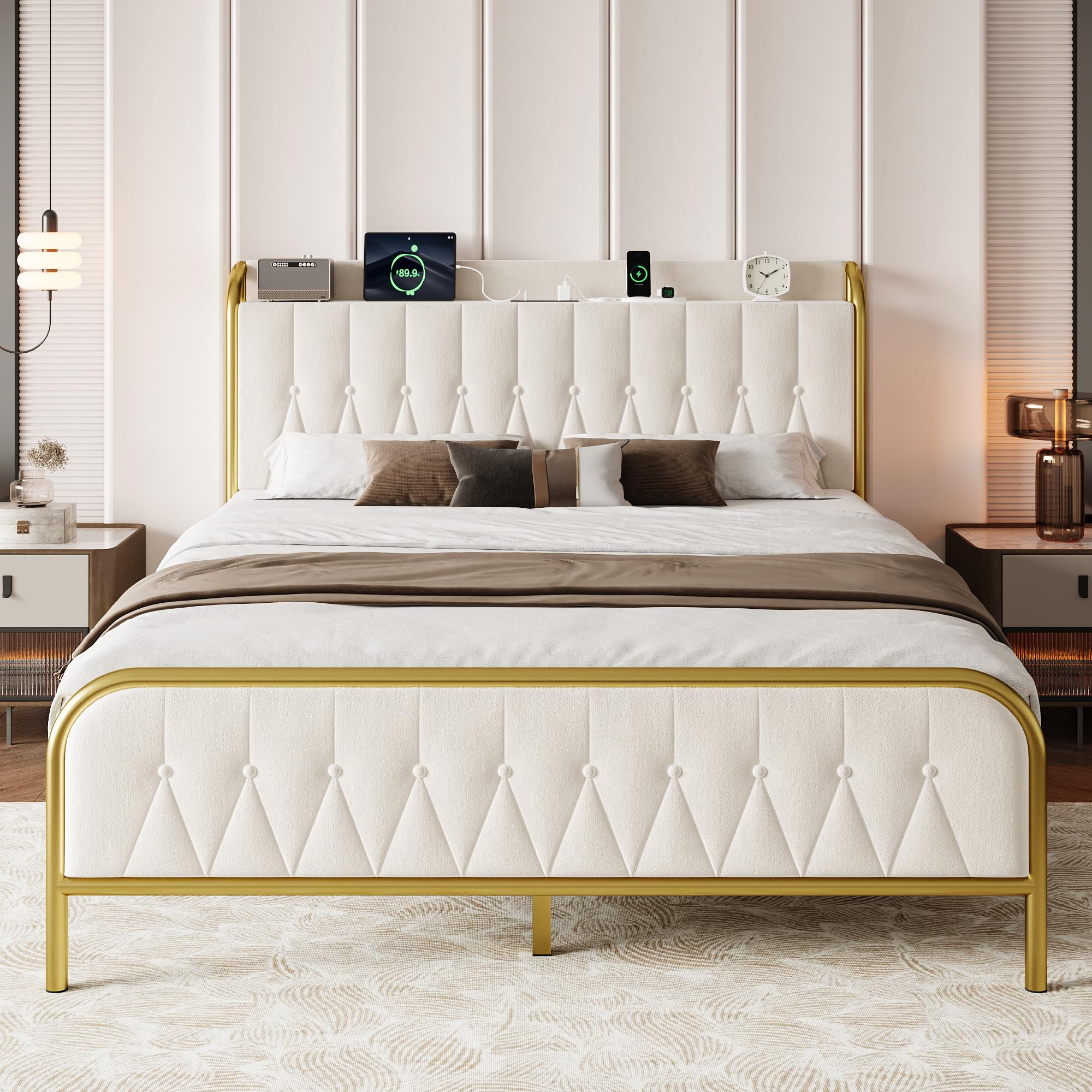 iPormis Metal Bed Frame Queen Size with Charging Station, Velvet Upholstered Headboard and Footbo... | Amazon (US)