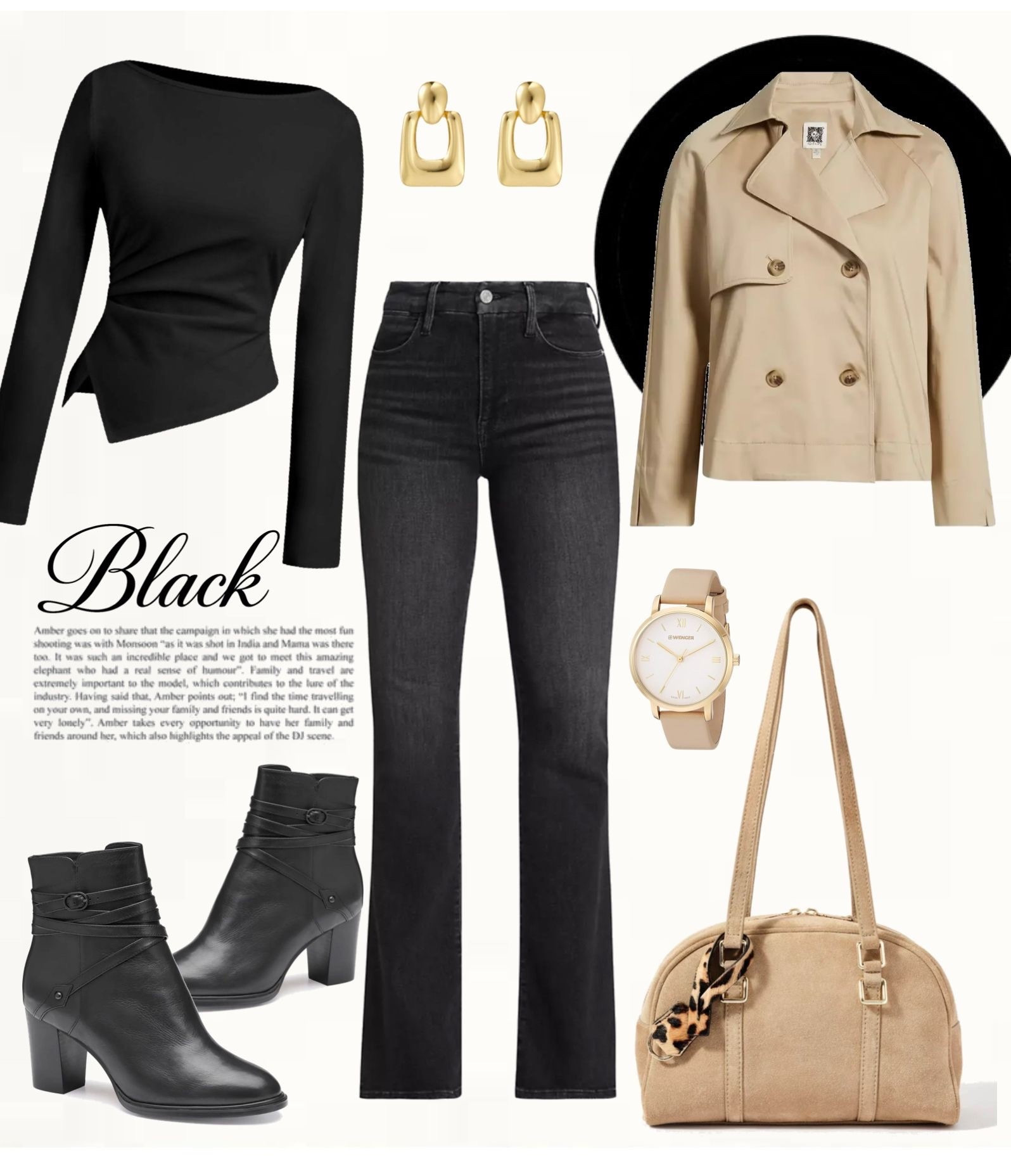 Black asymmetric long sleeve top styled with dark wash straight-leg jeans, layered with a cropped beige trench jacket. Completed with black ankle boots, a soft beige handbag, gold statement earrings, and a neutral-toned watch.
#denimstyle #springessentials #casualoutfits

#LTKOver40 #LTKootd #LTKSeasonal