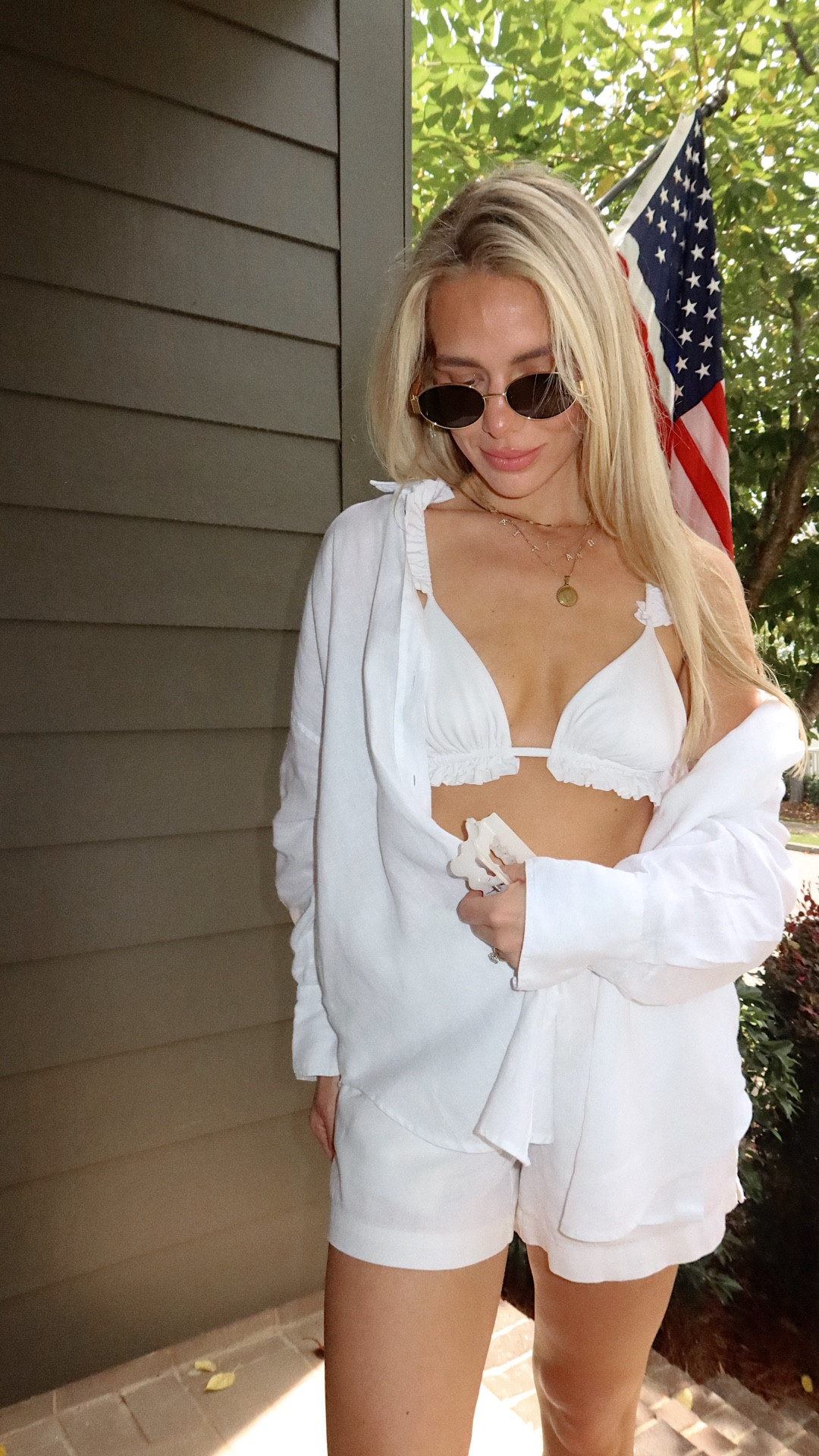 my favorite part is that literally all of these outfits and from part 1 are so easy to fix and match for a summer capsule wardrobe ❤️🤍💙✨🇺🇸 classic white linen shorts and shirt set + white bikini can do no wrong. Blue and white floral activewear set from target Blogilates collection have worn so many times, and the super soft target activewear skort set is a go to, pair with a vintage RL American flag sweater and you’re set. Also a sardine fish printed linen set from target, and red linen pants from wild fable target and bikini are killer combo  
#summercapsulewardrobe #festivefashion
#4thofjuly #4thofjulyoutfit #linenpants
#linenshirt #america #frontporch #nancymeyersaesthetic

#LTKActive #LTKSwim #LTKFindsUnder50