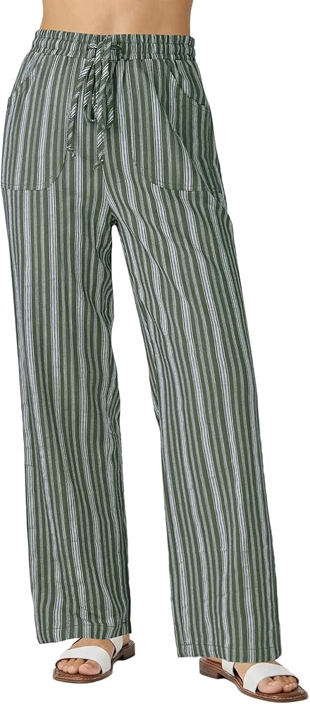 GRAPENT Linen Pants Women Wide Leg Striped High Waisted Pull On Elastic Waist Casual Summer Beach... | Amazon (US)