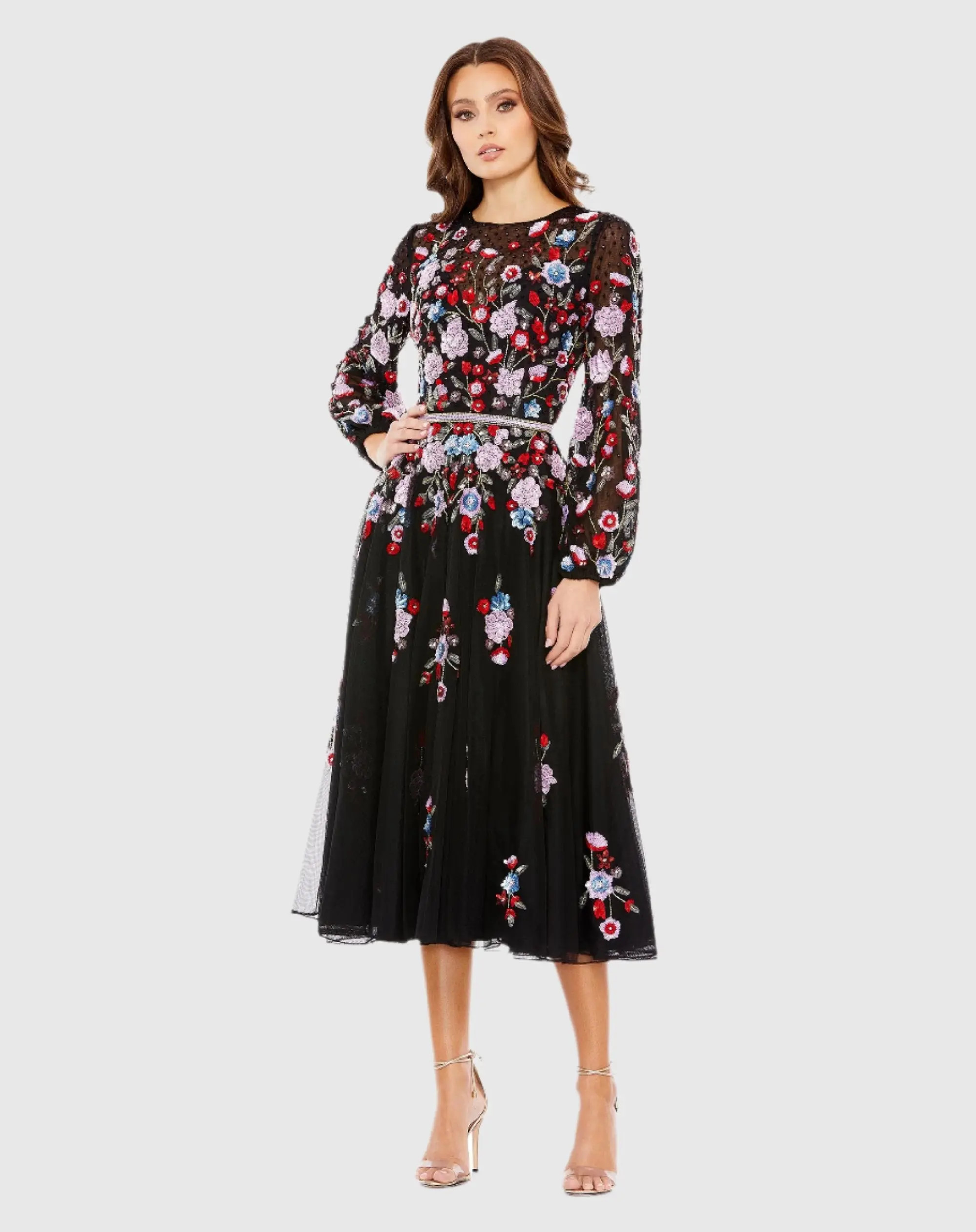 Sequined Floral High Neck Puff Sleeve Cocktail Dress - Mac Duggal | Mac Duggal