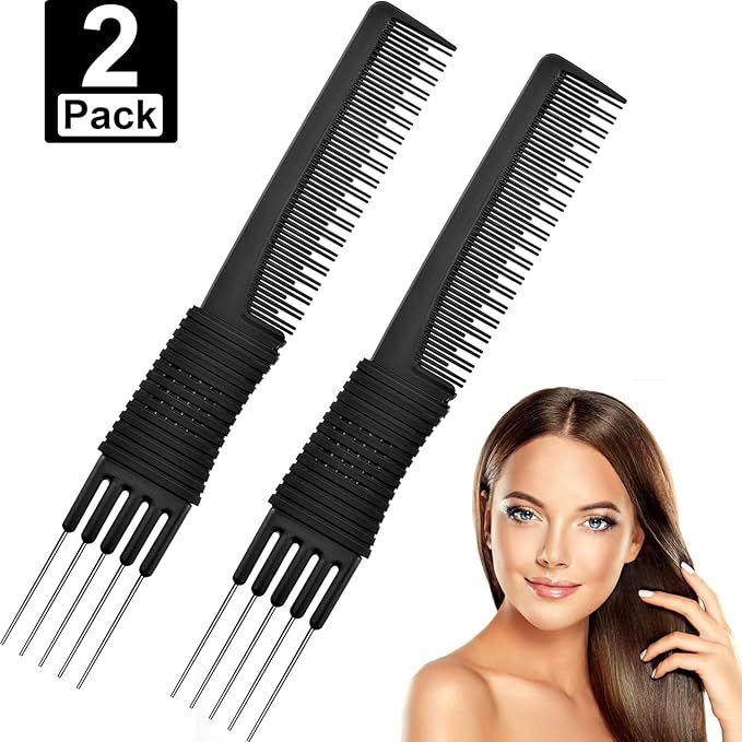 2 Pack Black Carbon Lift Teasing Combs with Metal Prong,Black Carbon Comb with Stainless Steel Li... | Amazon (US)