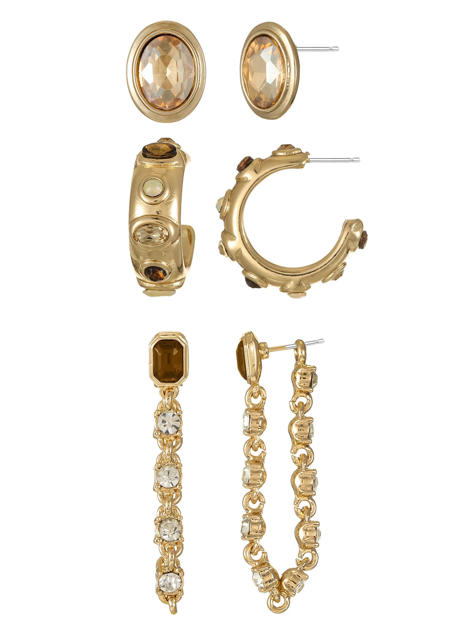 Time and Tru Goldtone Multi Earring Set with Stud, Hoop and Drop Earrings, Brown, 3 Pairs | Walmart (US)