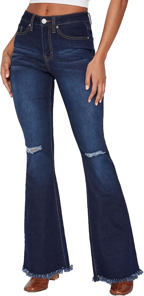 YMI Womens High-Rise Flare Jean with Frayed Hem-Long Inseam | Amazon (US)