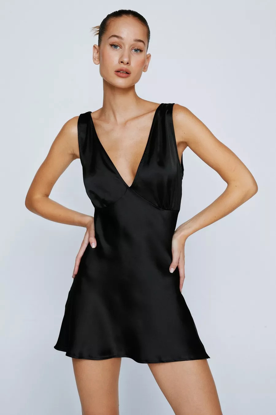 Petite Satin V Neck Mini Dress | Nasty Gal (US)