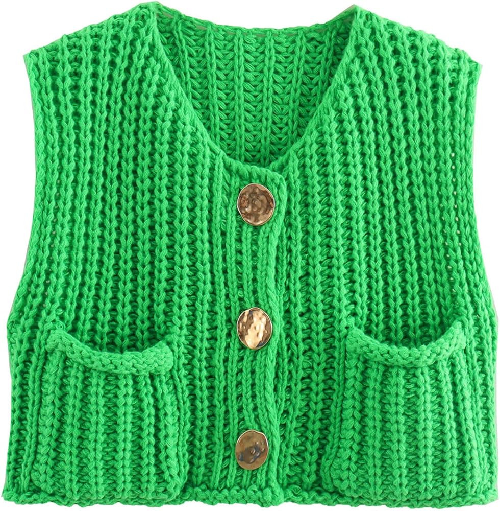 Womens Sleeveless Crop Knit Cardigan Casual Button Down Cropped Knitted Sweater Vest with Pockets | Amazon (US)