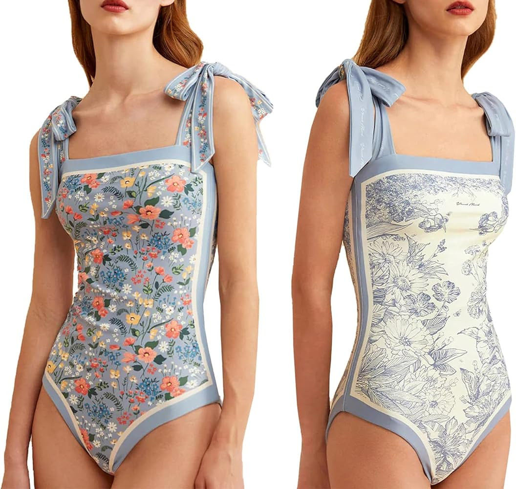 Women Floral One Piece Swimsuits, Square Neck Reversible Tie Shoulder Monokini, Tummy Control Bat... | Amazon (US)