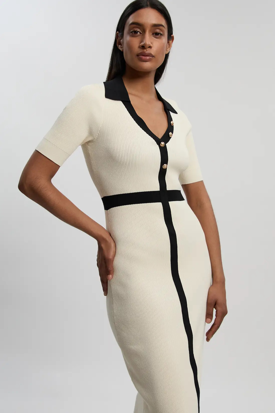 Petite Knit Rib With Contrast Waist Detail Collared Short Sleeve Midi Dress | Karen Millen UK + IE + DE + NL