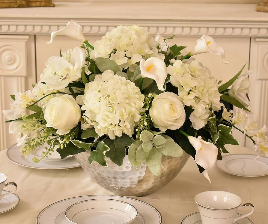 Mixed Soft White Silk Floral Centerpiece in Silver Bowl | Amazon (US)